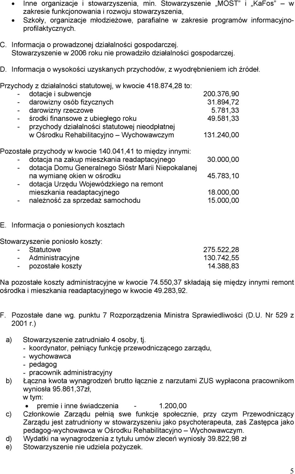 Informacja o prowadzonej działalności gospodarczej. Stowarzyszenie w 2006 roku nie prowadziło działalności gospodarczej. D. Informacja o wysokości uzyskanych przychodów, z wyodrębnieniem ich źródeł.