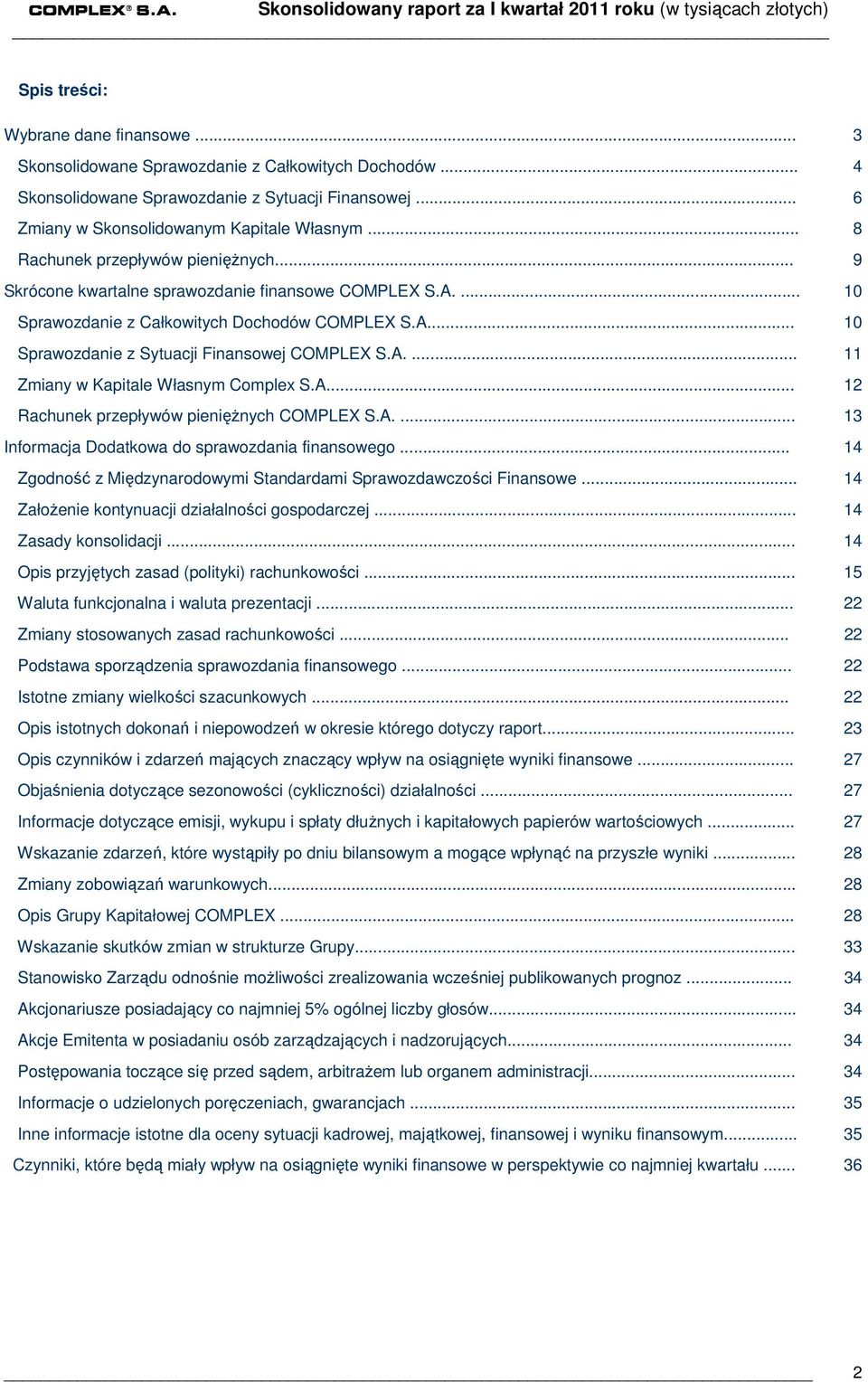 A.... 11 Zmiany w Kapitale Własnym Complex S.A... 12 Rachunek przepływów pienięŝnych COMPLEX S.A.... 13 Informacja Dodatkowa do sprawozdania finansowego.