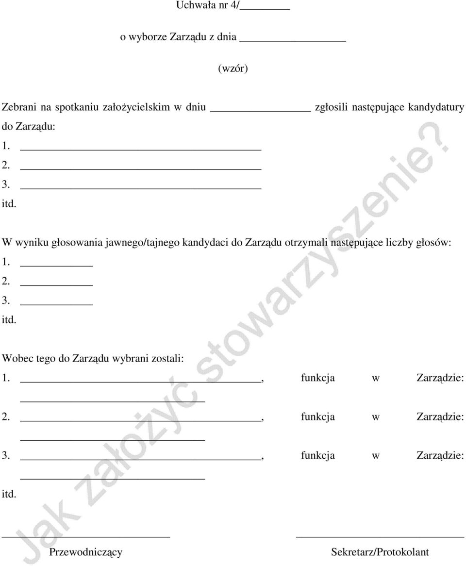 W wyniku głosowania jawnego/tajnego kandydaci do Zarządu otrzymali następujące liczby głosów: 1.