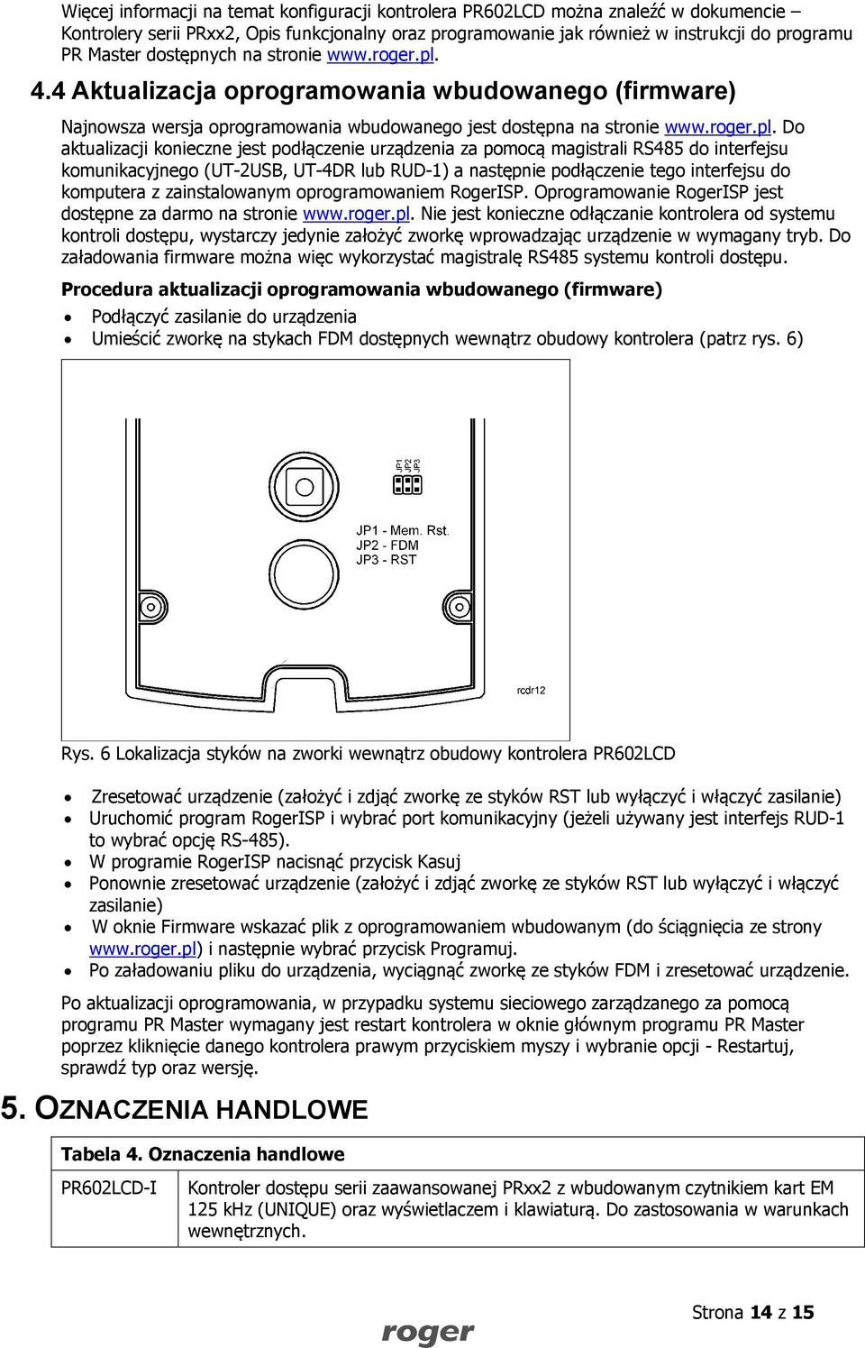 4.4 Aktualizacja oprogramowania wbudowanego (firmware) Najnowsza wersja oprogramowania wbudowanego jest dostępna na stronie www.roger.pl.