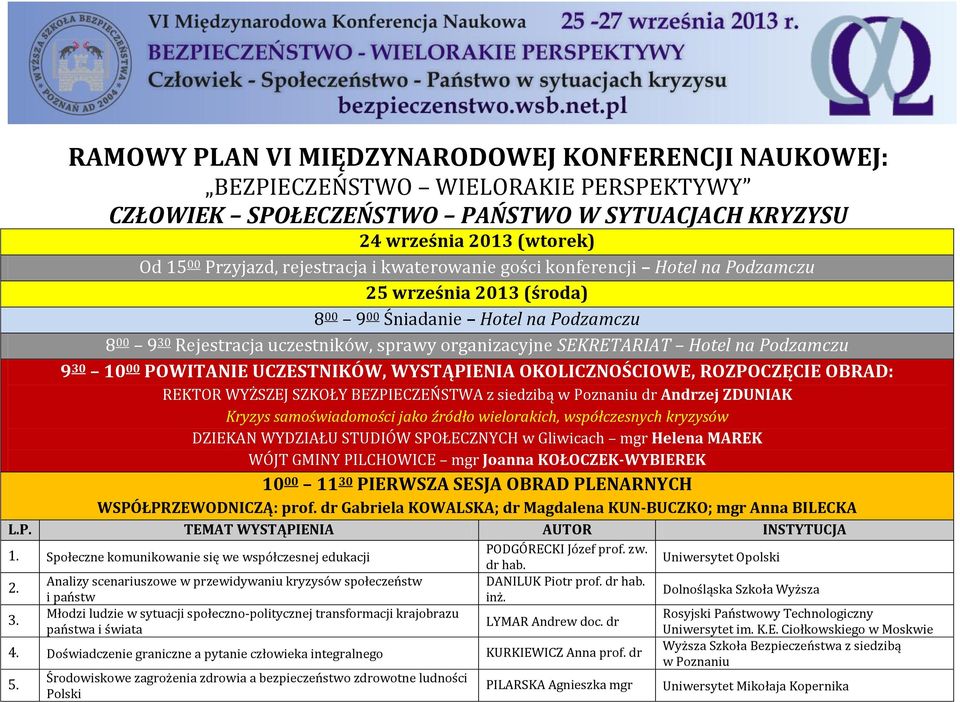 Podzamczu 9 30 10 00 POWITANIE UCZESTNIKÓW, WYSTĄPIENIA OKOLICZNOŚCIOWE, ROZPOCZĘCIE OBRAD: REKTOR WYŻSZEJ SZKOŁY BEZPIECZEŃSTWA z siedzibą dr Andrzej ZDUNIAK Kryzys samoświadomości jako źródło