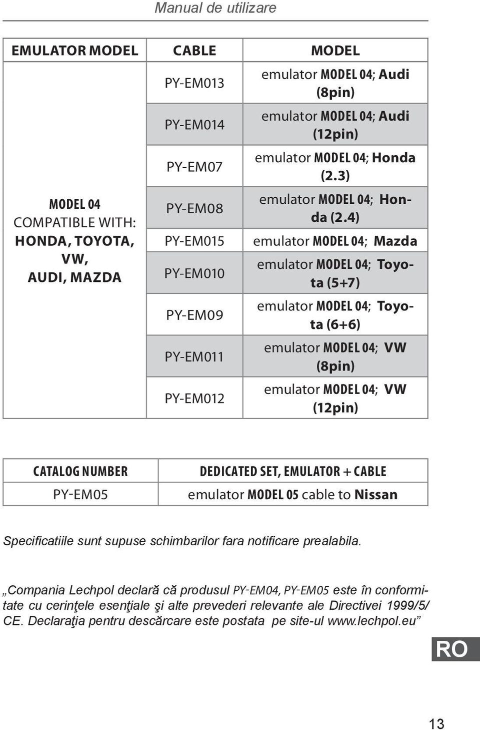 4) emulator model 04; Mazda emulator model 04; Toyota (5+7) emulator model 04; Toyota (6+6) emulator model 04; VW (8pin) emulator model 04; VW (12pin) catalog number PY-EM05 dedicated set, emulator +