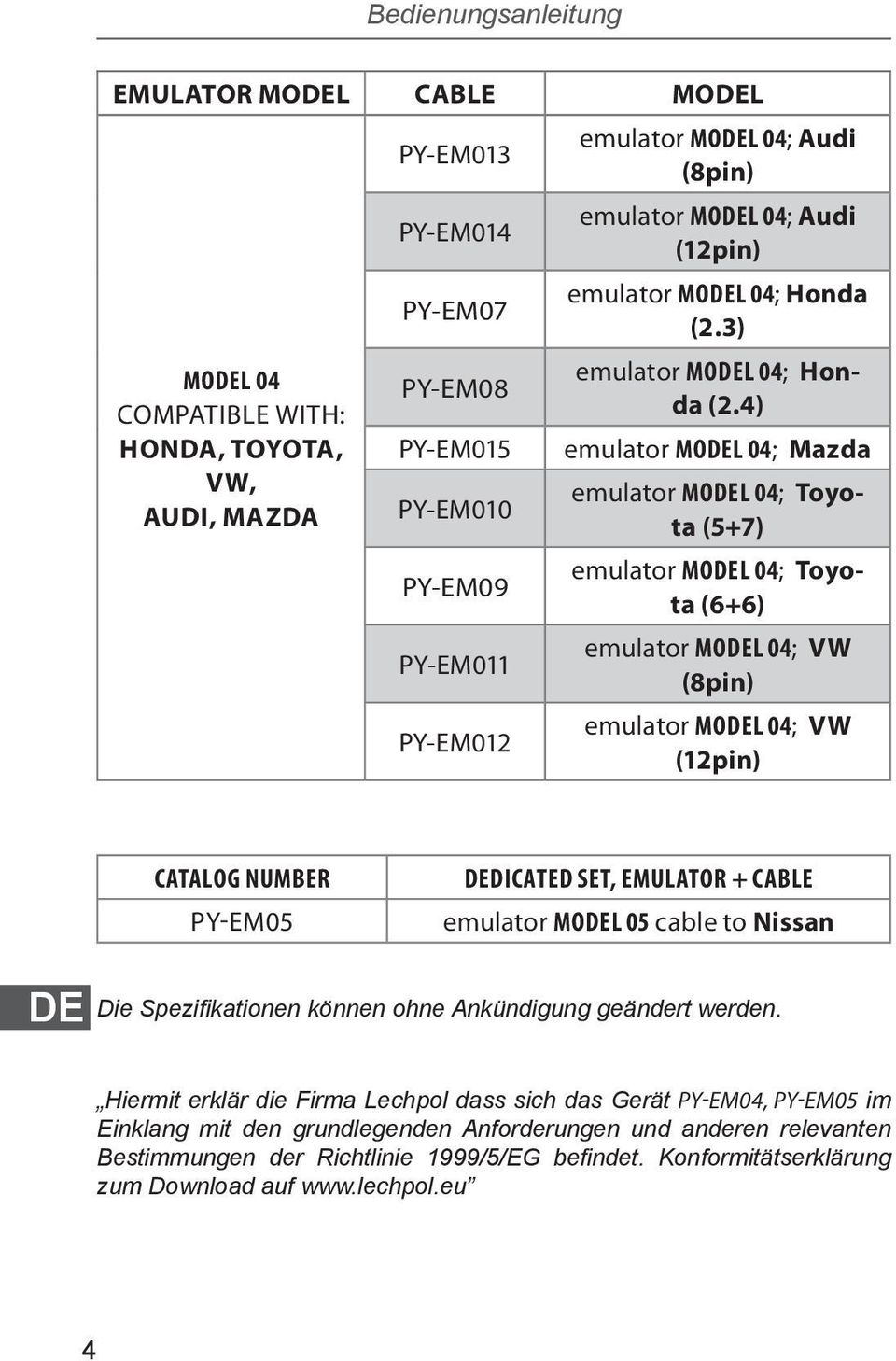 4) emulator model 04; Mazda emulator model 04; Toyota (5+7) emulator model 04; Toyota (6+6) emulator model 04; VW (8pin) emulator model 04; VW (12pin) catalog number PY-EM05 dedicated set, emulator +