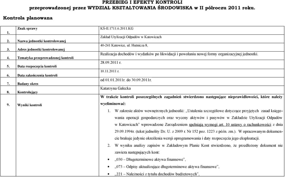 KG Zakład Utylizacji Odpadów w Katowicach 40-241 Katowice, ul. Hutnicza 8, Realizacja dochodów i wydatków po likwidacji i powołaniu nowej formy organizacyjnej jednostki. 28.09.2011 r. 10.11.2011 r. od 01.