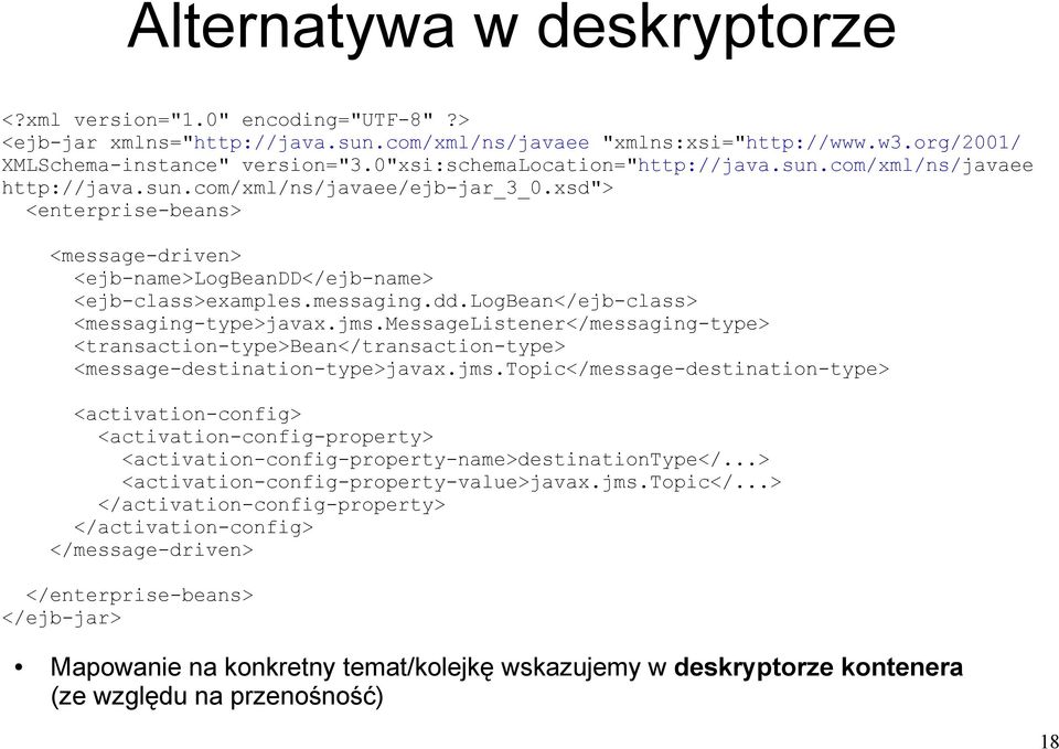 messaging.dd.logbean</ejb-class> <messaging-type>javax.jms.messagelistener</messaging-type> <transaction-type>bean</transaction-type> <message-destination-type>javax.jms.topic</message-destination-type> <activation-config> <activation-config-property> <activation-config-property-name>destinationtype</.