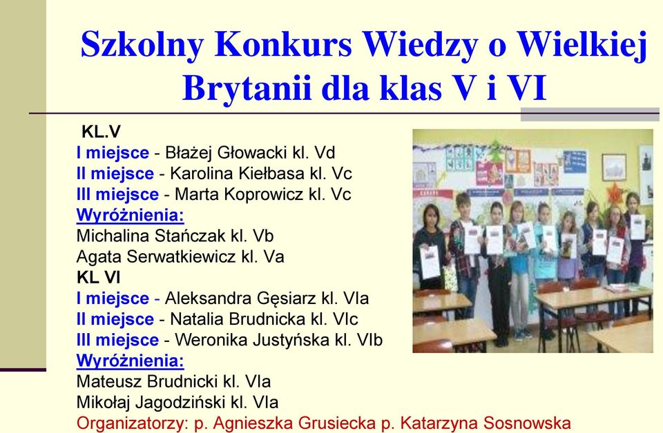 Vb Agata Serwatkiewicz kl. Va KL VI I miejsce - Aleksandra Gęsiarz kl. VIa II miejsce - Natalia Brudnicka kl.