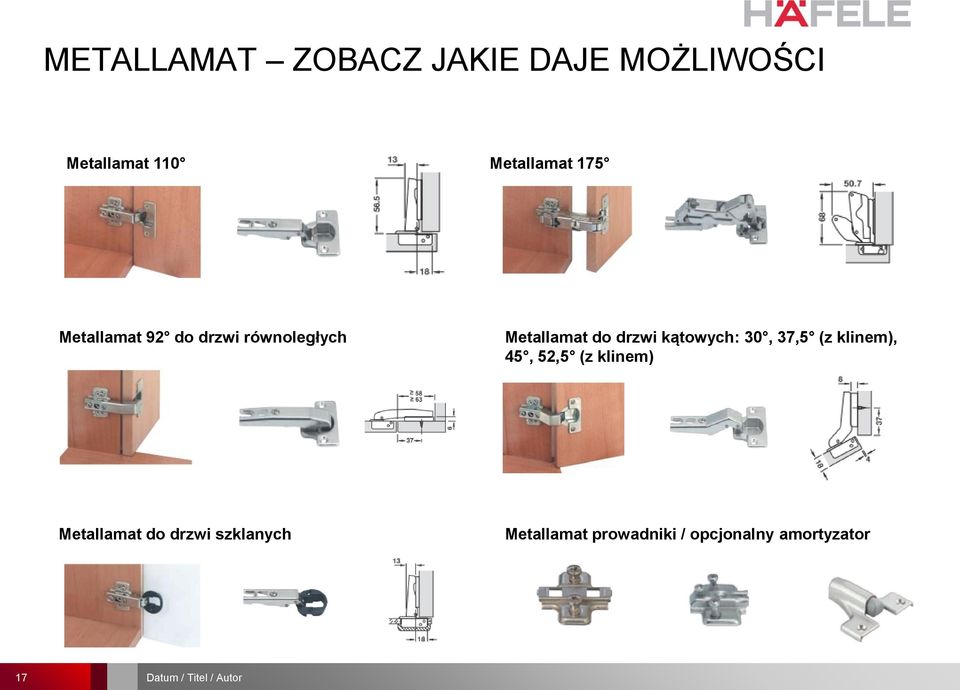 37,5 (z klinem), 45, 52,5 (z klinem) Metallamat do drzwi szklanych