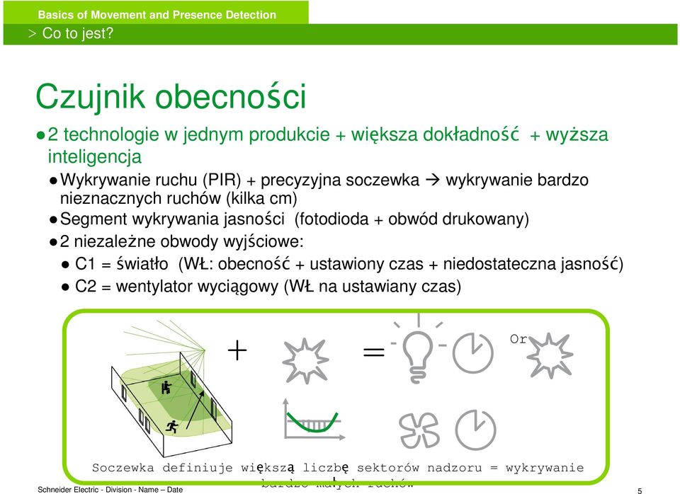 precyzyjna soczewka wykrywanie bardzo nieznacznych ruchów (kilka cm) Segment wykrywania jasności (fotodioda + obwód