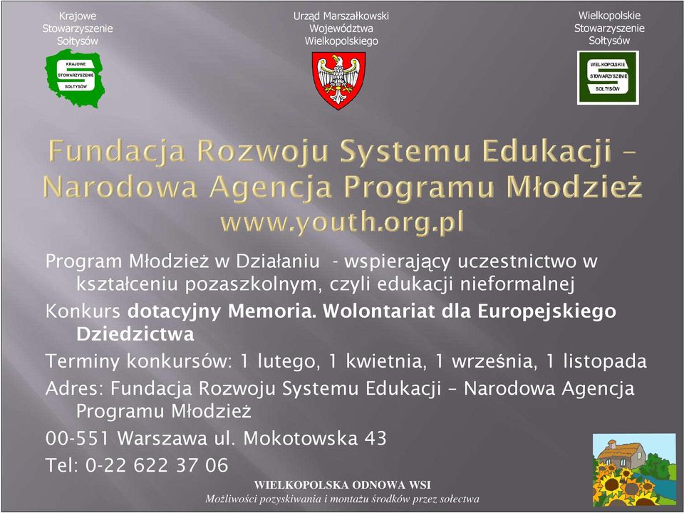 Wolontariat dla Europejskiego Dziedzictwa Terminy konkursów: 1 lutego, 1 kwietnia, 1 września,