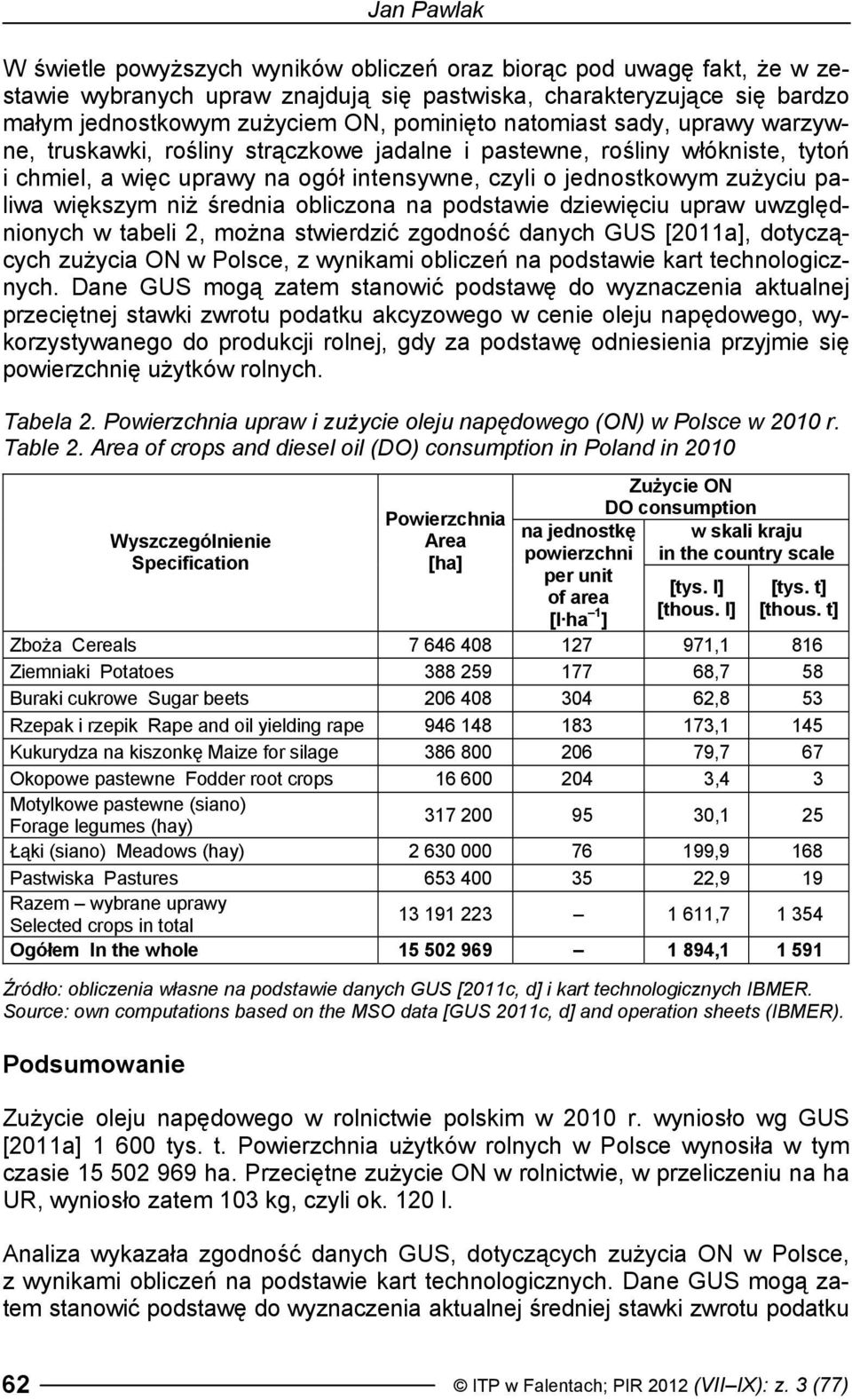 większym niż średnia obliczona na podstawie dziewięciu upraw uwzględnionych w tabeli 2, można stwierdzić zgodność danych GUS [2011a], dotyczących zużycia ON w Polsce, z wynikami obliczeń na podstawie