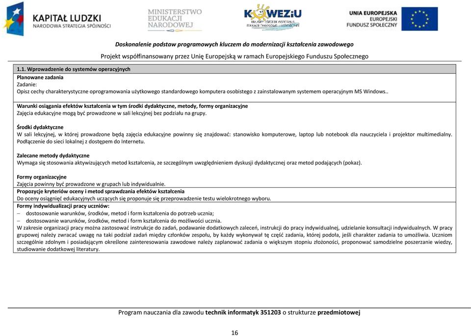 Windows.. Warunki osiągania efektów kształcenia w tym środki dydaktyczne, metody, formy organizacyjne Zajęcia edukacyjne mogą być prowadzone w sali lekcyjnej bez podziału na grupy.