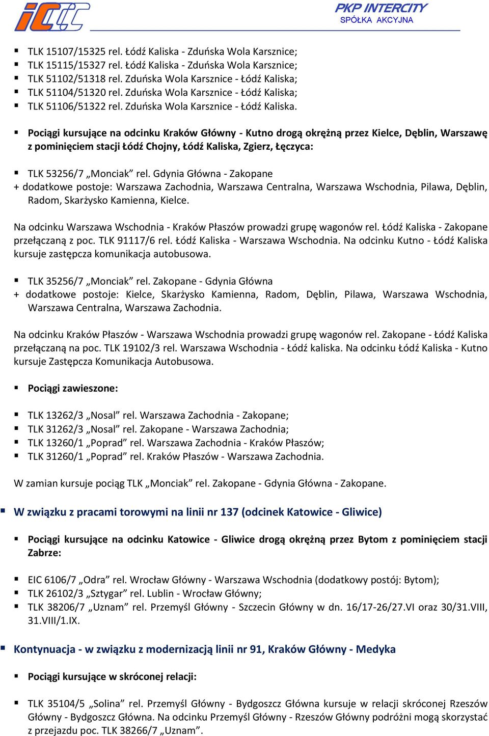 Pociągi kursujące na odcinku Kraków Główny - Kutno drogą okrężną przez Kielce, Dęblin, Warszawę z pominięciem stacji Łódź Chojny, Łódź Kaliska, Zgierz, Łęczyca: TLK 53256/7 Monciak rel.