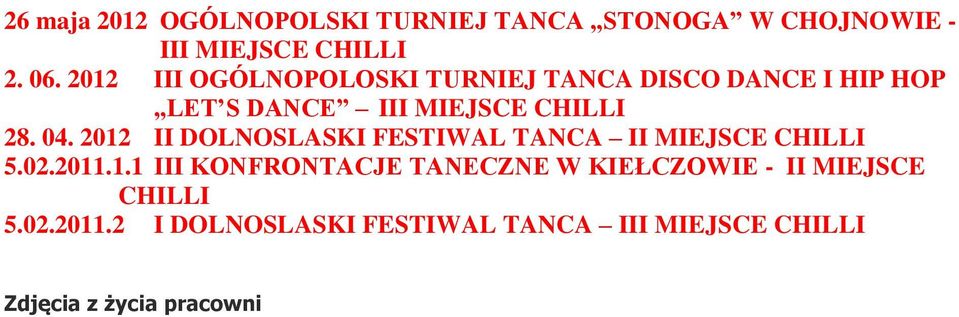 2012 II DOLNOSLASKI FESTIWAL TANCA II MIEJSCE CHILLI 5.02.2011.1.1 III KONFRONTACJE TANECZNE W KIEŁCZOWIE - II MIEJSCE CHILLI 5.