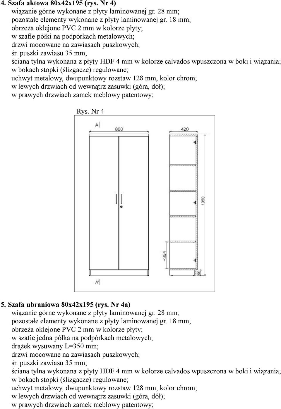 dół); w prawych drzwiach zamek meblowy patentowy; Rys. Nr 4 5. Szafa ubraniowa 80x42x195 (rys. Nr 4a) wiązanie górne wykonane z płyty laminowanej gr.
