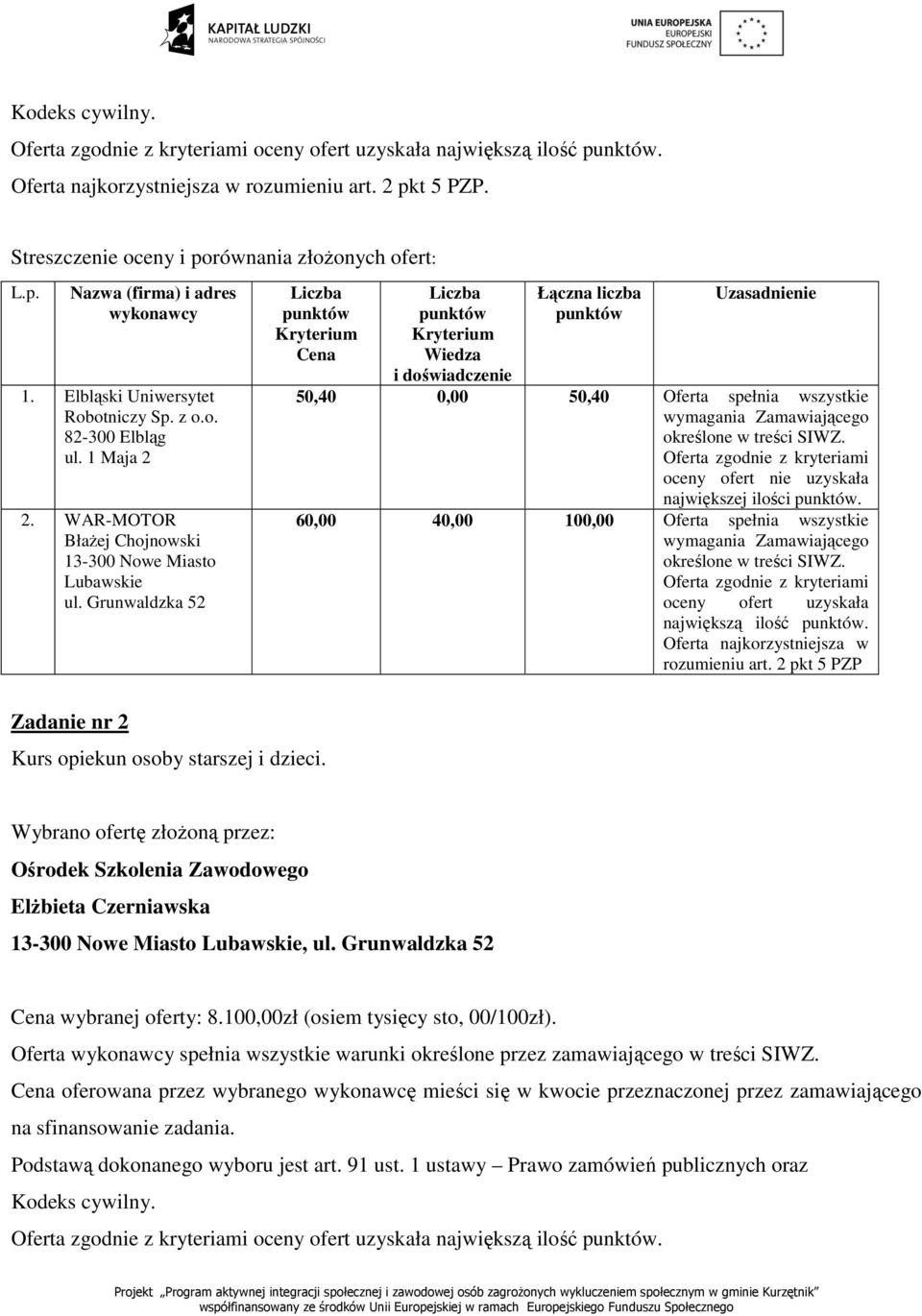 Ośrodek Szkolenia Zawodowego, wybranej oferty: 8.100,00zł (osiem tysięcy sto, 00/100zł).