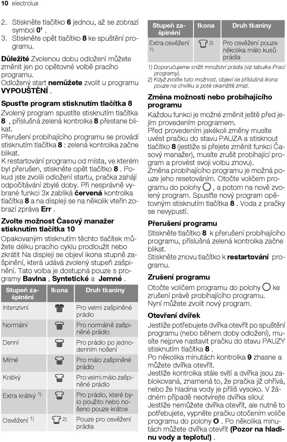 Spusťte program stisknutím tlačítka 8 Zvolený program spustíte stisknutím tlačítka 8, příslušná zelená kontrolka 8 přestane blikat.