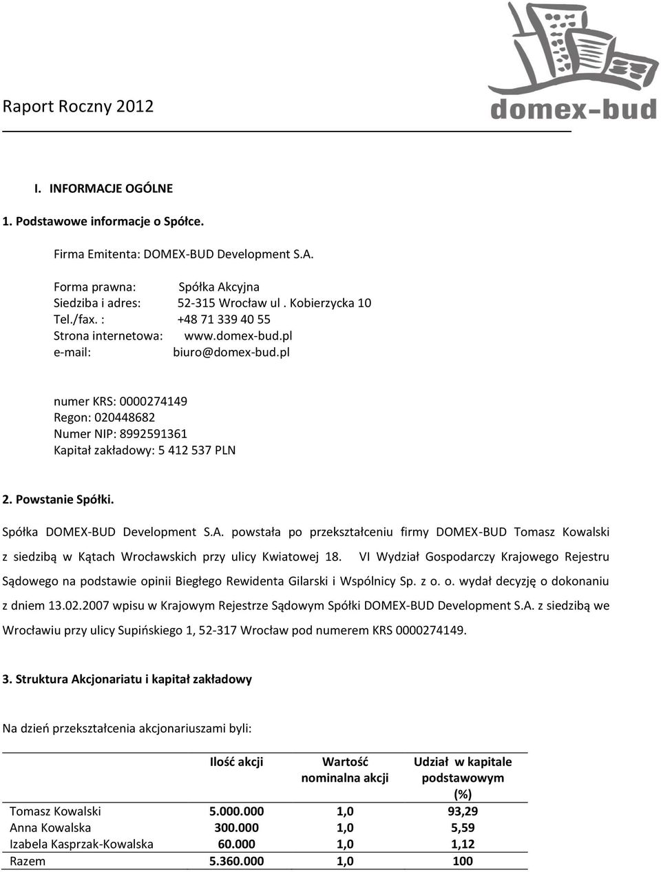 Spółka DOMEX-BUD Development S.A. powstała po przekształceniu firmy DOMEX-BUD Tomasz Kowalski z siedzibą w Kątach Wrocławskich przy ulicy Kwiatowej 18.