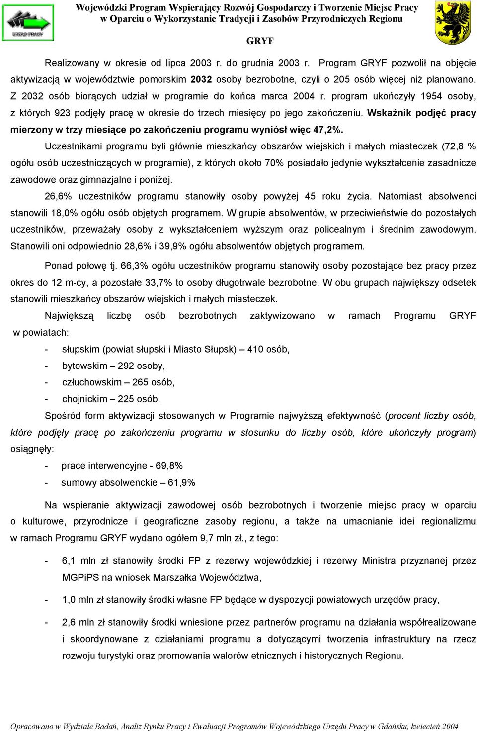 program ukończyły 195 osoby, z których 923 podjęły pracę w okresie do trzech miesięcy po jego zakończeniu. Wskaźnik podjęć pracy mierzony w trzy miesiące po zakończeniu programu wyniósł więc 7,2%.