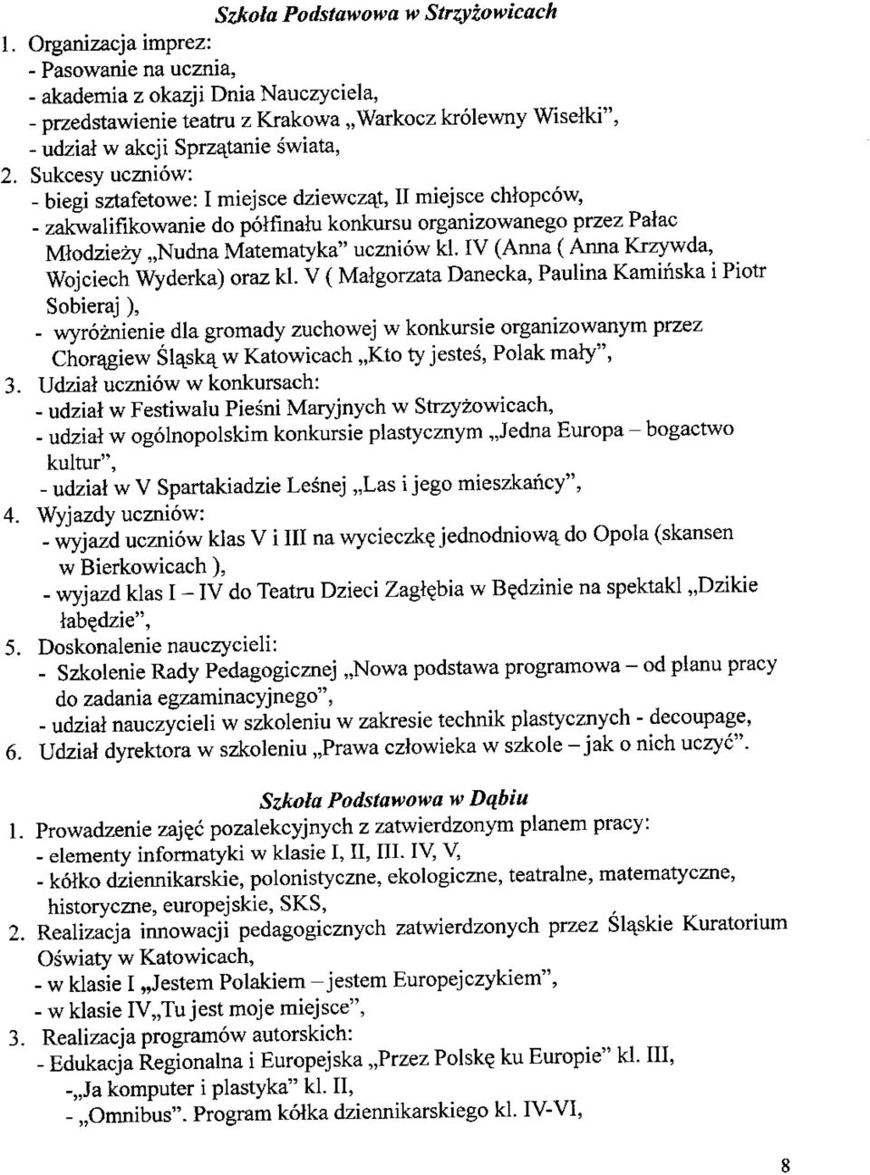 Sukcesy uczniow: - biegi sztafetowe: I miejsce dziewczat, II miejsce chtopcow, - zakwalifikowanie do poifinahi konkursu organizowanego przez Palac Mtodziezy,,Nudna Matematyka" uczniow kl.