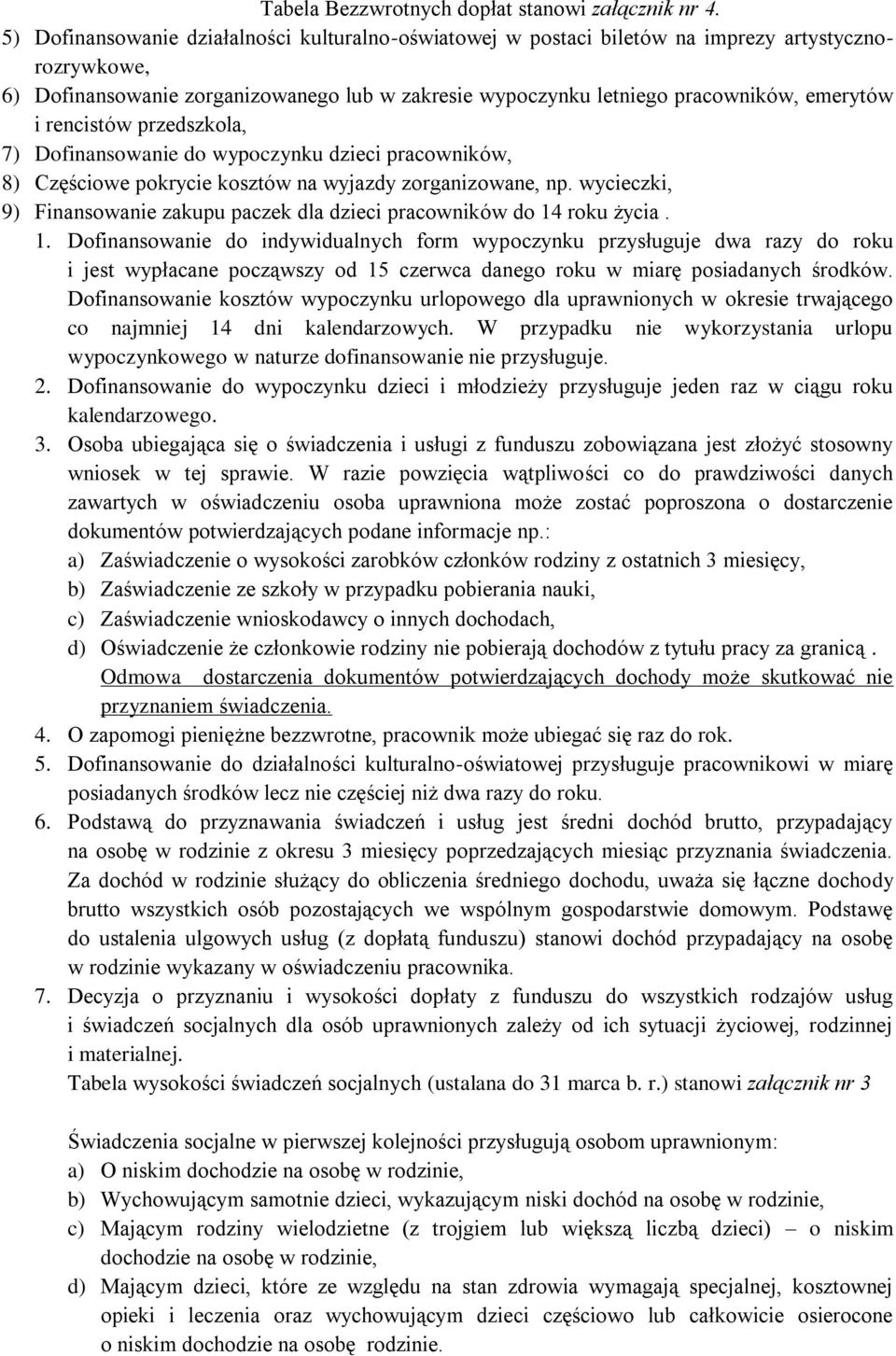 rencistów przedszkola, 7) Dofinansowanie do wypoczynku dzieci pracowników, 8) Częściowe pokrycie kosztów na wyjazdy zorganizowane, np.