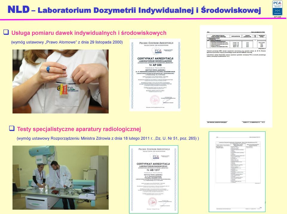 listopada 2000) Testy specjalistyczne aparatury radiologicznej (wymóg ustawowy