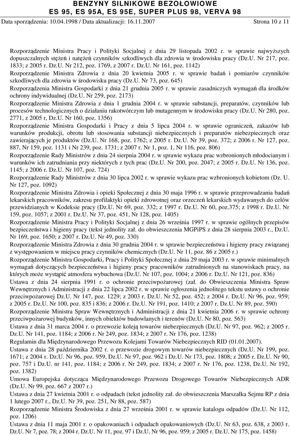 1142) Rozporządzenie Ministra Zdrowia z dnia 20 kwietnia 2005 r. w sprawie badań i pomiarów czynników szkodliwych dla zdrowia w środowisku pracy (Dz.U. Nr 73, poz.