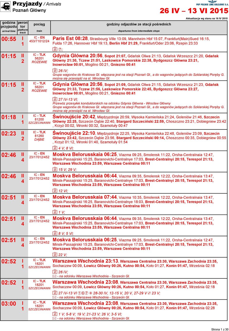 Frankfurt(Main)Sued :5, Fulda 7:, Hannover Hbf 9:3, Berlin Hbf :9, Frankfurt/Oder 3:0, Rzepin 3:33 ~ 7; Gdynia Główna 0:, Sopot :07, Gdańsk Oliwa :3, Gdańsk Wrzeszcz :0, Gdańsk Główny :30, Tczew :,