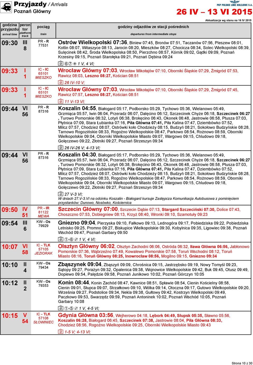 Wielkopolski 0:39, Sulęcinek 0:, Środa Wielkopolska 0:50, Pierzchno 0:57, Kórnik 09:0, Gądki 09:09, Poznań Krzesiny 09:5, Poznań Starołęka 09:, Poznań Dębina 09: ~ 7 + V, VI; Wrocław Główny 07:03,