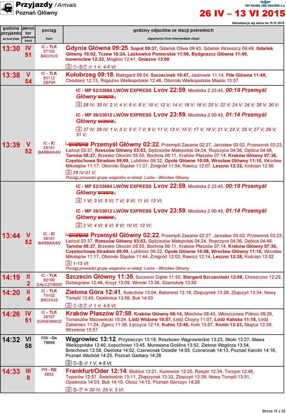 3:00 ~ -57 / V, -5 VI; Kołobrzeg 09:, Białogard 09:5, Szczecinek 0:7, Jastrowie :, Piła Główna :, Chodzież :3, Rogoźno Wielkopolskie :, Oborniki Wielkopolskie Miasto 3:07 IC - MP 5/330 LWÓW EXPRESS