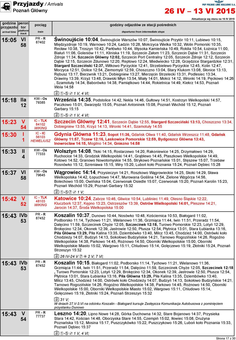 Parłówko 0:, Wysoka Kamieńska 0:9, Rokita 0:5, Łożnica :00, Białuń :0, Goleniów :, Kliniska :9, Szczecin Załom :3, Szczecin Dąbie :3, Szczecin Zdroje :3, Szczecin Główny :0, Szczecin Port Centralny