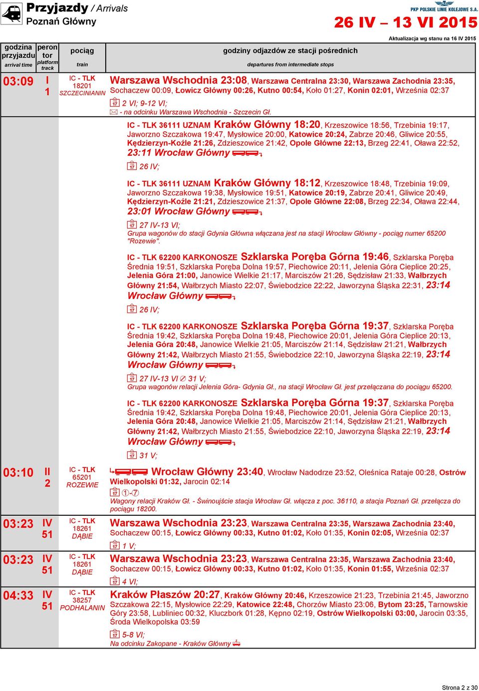 3 UZNAM Kraków Główny :0, Krzeszowice :, Trzebinia 9:7, Jaworzno Szczakowa 9:7, Mysłowice 0:00, Katowice 0:, Zabrze 0:, Gliwice 0:55, Kędzierzyn-Koźle :, Zdzieszowice :, Opole Główne :3, Brzeg :,