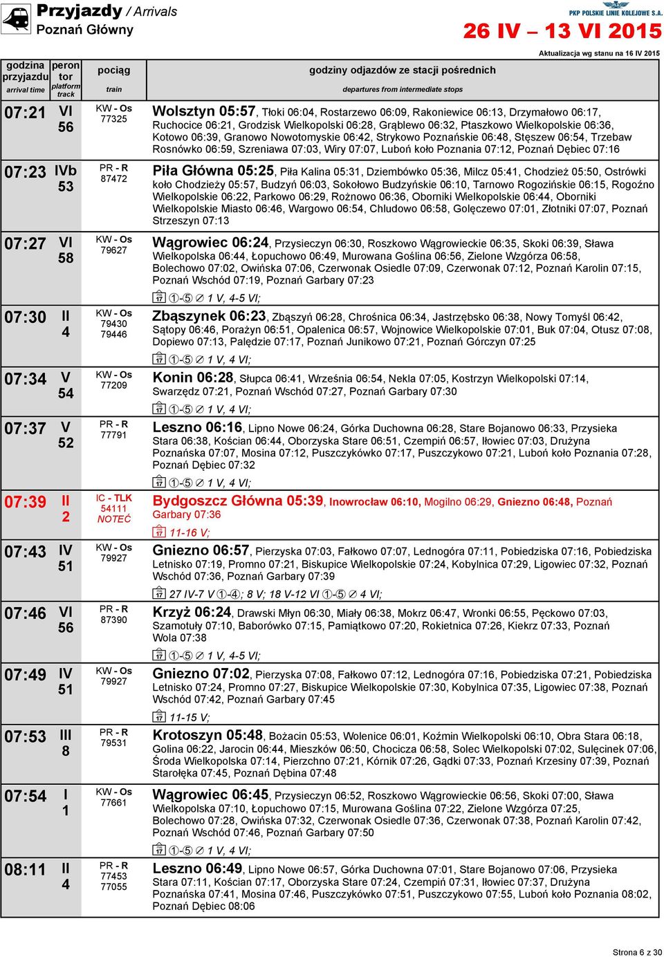 0:3, Kotowo 0:39, Granowo Nowotomyskie 0:, Strykowo Poznańskie 0:, Stęszew 0:5, Trzebaw Rosnówko 0:59, Szreniawa 07:03, Wiry 07:07, Luboń koło Poznania 07:, Poznań Dębiec 07: Piła Główna 05:5, Piła