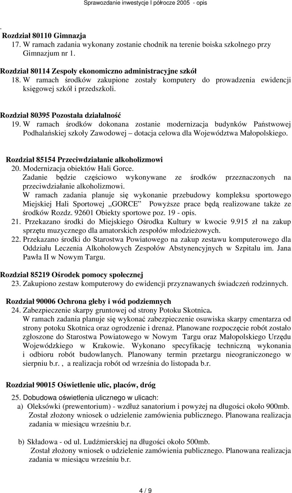 W ramach środków dokonana zostanie modernizacja budynków Państwowej Podhalańskiej szkoły Zawodowej dotacja celowa dla Województwa Małopolskiego. Rozdział 85154 Przeciwdziałanie alkoholizmowi 20.