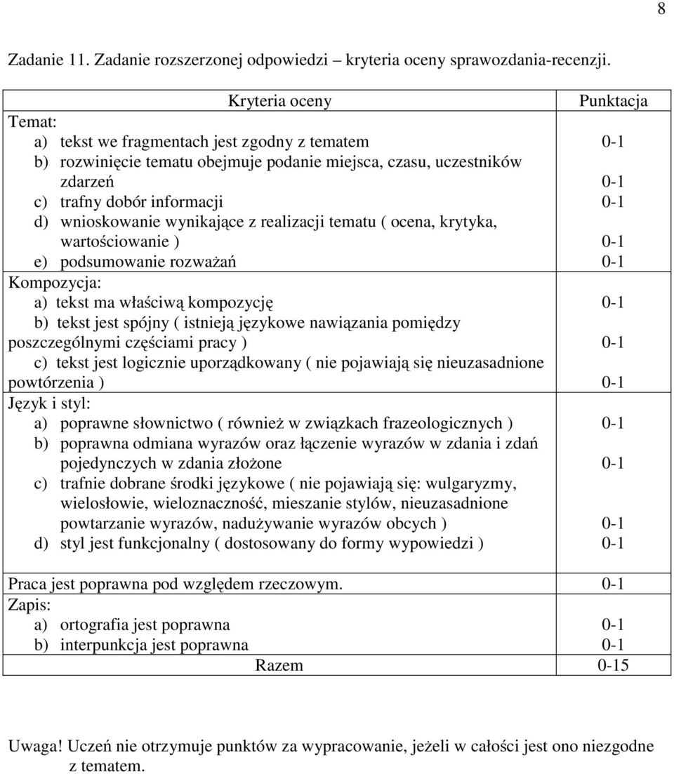 realizacji tematu ( ocena, krytyka, wartościowanie ) e) podsumowanie rozważań Kompozycja: a) tekst ma właściwą kompozycję b) tekst jest spójny ( istnieją językowe nawiązania pomiędzy poszczególnymi