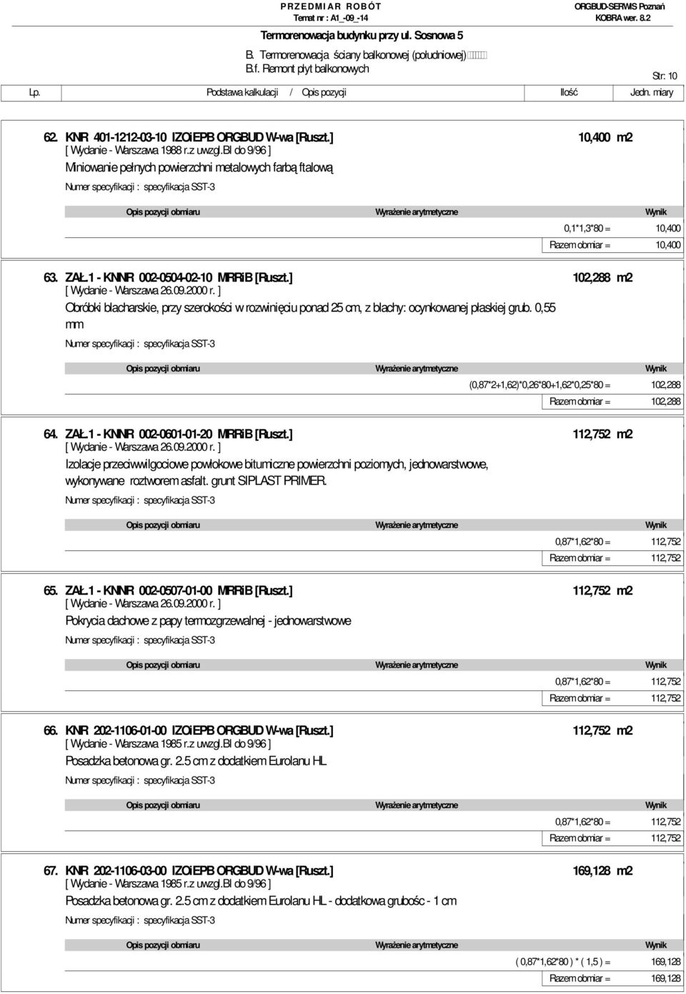 ] 102,288 m2 Obróbki blacharskie, przy szerokości w rozwinięciu ponad 25 cm, z blachy: ocynkowanej płaskiej grub. 0,55 mm (0,87*2+1,62)*0,26*80+1,62*0,25*80 = 102,288 Razem obmiar = 102,288 64. ZAŁ.