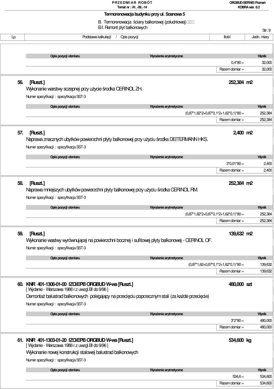 ] 2,400 m2 Naprawa znacznych ubytków powierzchni płyty balkonowej przy uŝyciu środka DEITERMANN HKS. 3*0,01*80 = 2,400 Razem obmiar = 2,400 58. [Ruszt.