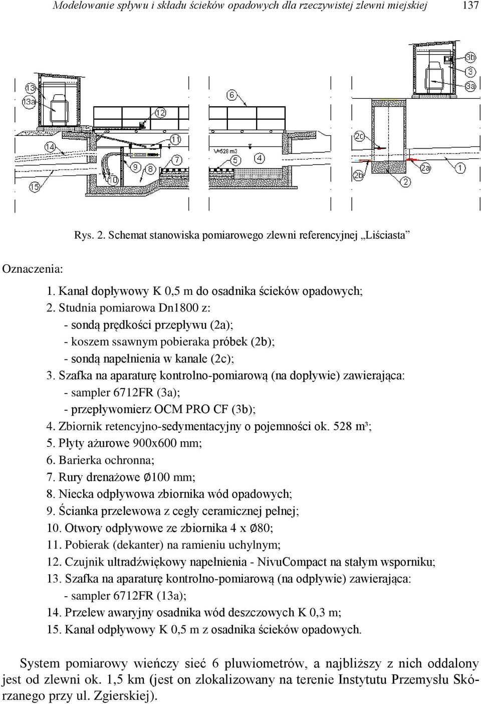 Szafka na aparaturę kontrolno-pomiarową (na dopływie) zawierająca: - sampler 6712FR (3a); - przepływomierz OCM PRO CF (3b); 4. Zbiornik retencyjno-sedymentacyjny o pojemności ok. 528 m³; 5.