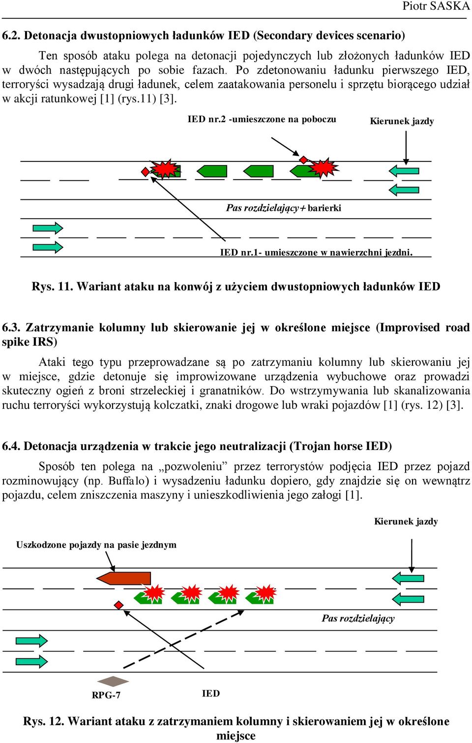 2 -umieszczone na poboczu Kierunek jazdy Pas rozdzielający barierki IED nr.1- umieszczone w nawierzchni jezdni. Rys. 11. Wariant ataku na konwój z użyciem dwustopniowych ładunków IED 6.3.