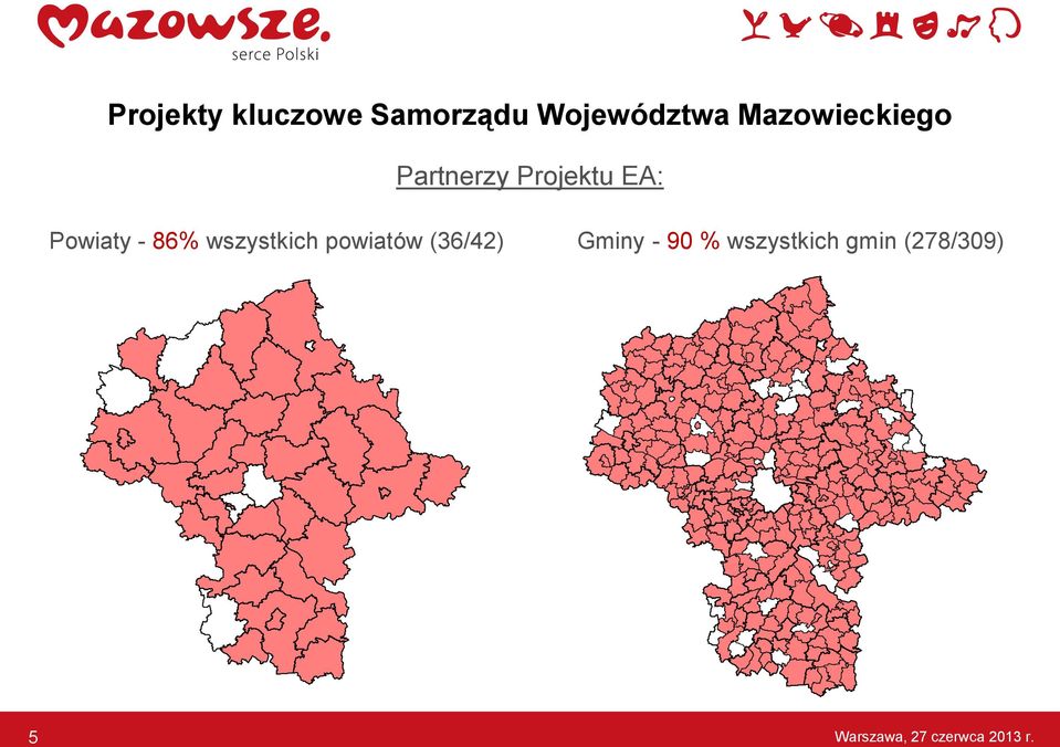 86% wszystkich powiatów (36/42) Gminy - 90 %