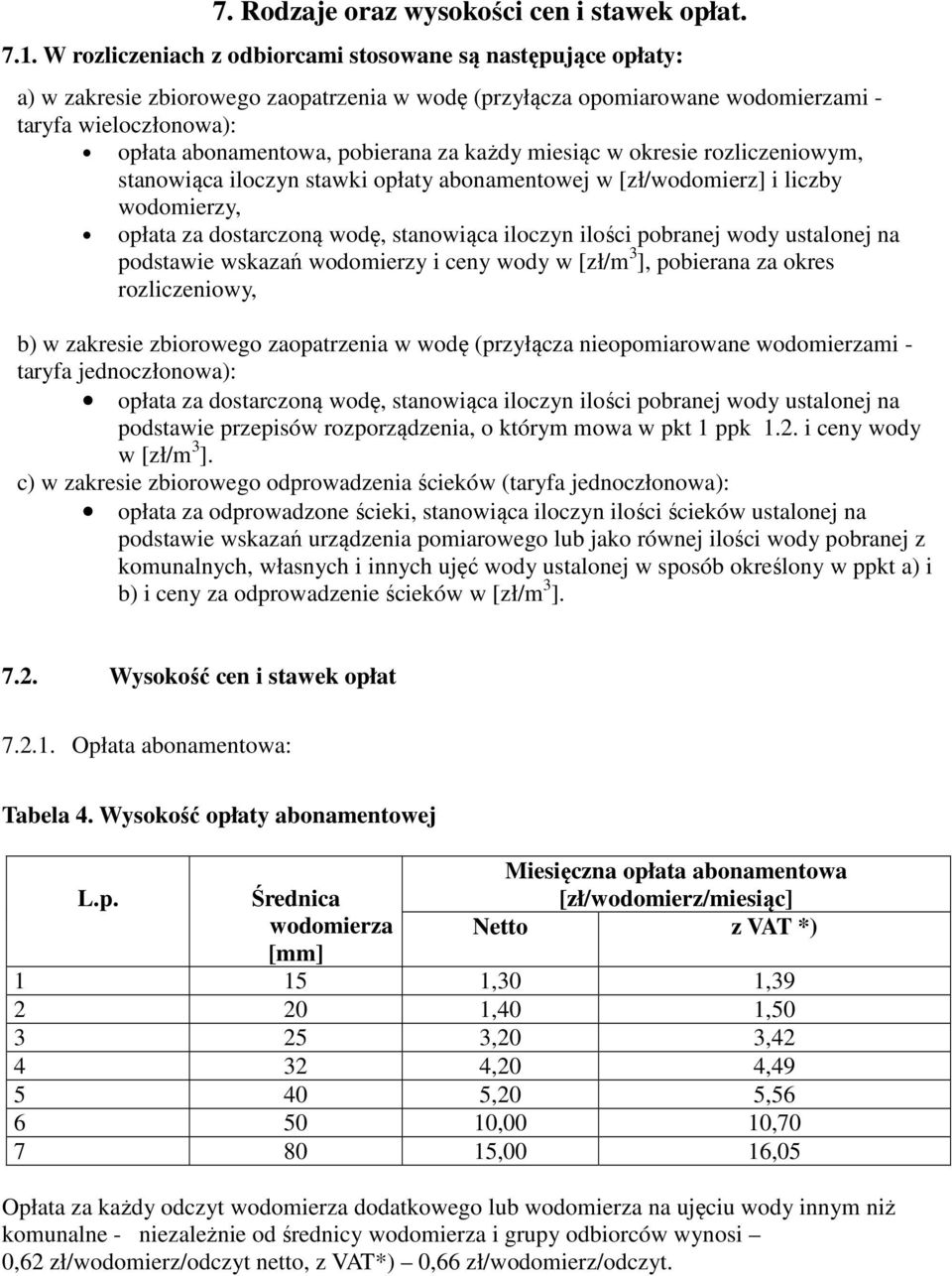 za każdy miesiąc w okresie rozliczeniowym, stanowiąca iloczyn stawki opłaty abonamentowej w [zł/wodomierz] i liczby wodomierzy, opłata za dostarczoną wodę, stanowiąca iloczyn ilości pobranej wody