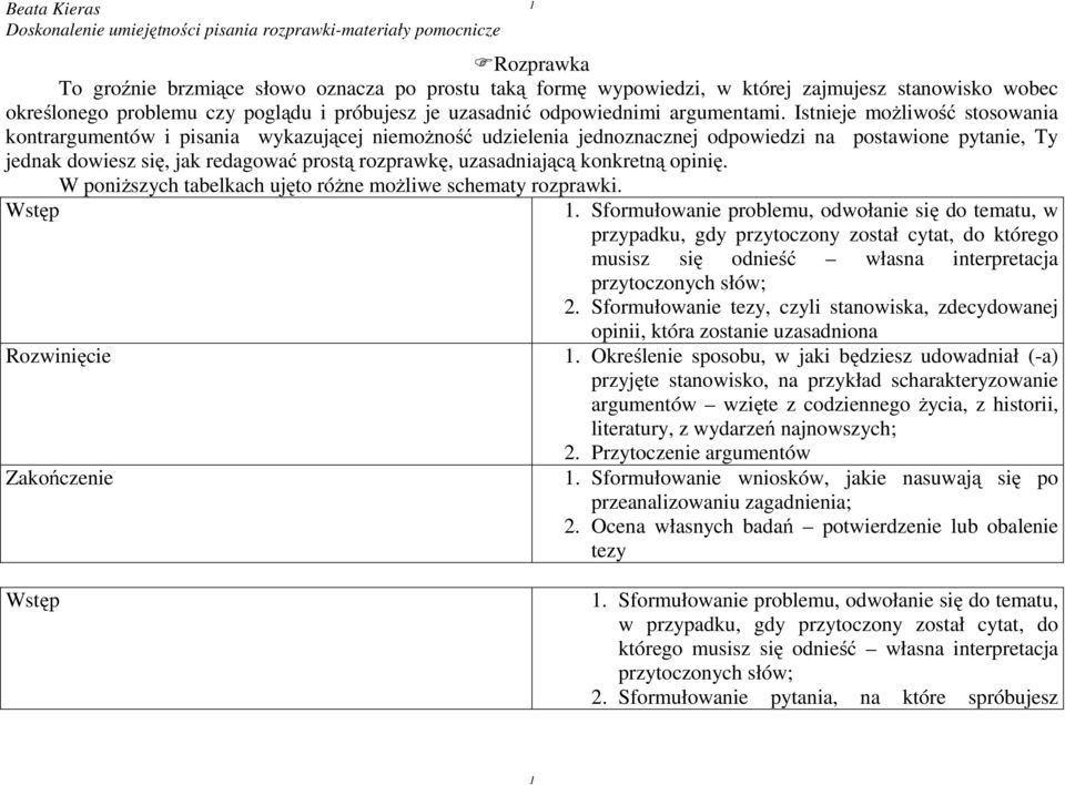 uzasadniającą konkretną opinię. W poniższych tabelkach ujęto różne możliwe schematy rozprawki. Wstęp 1.