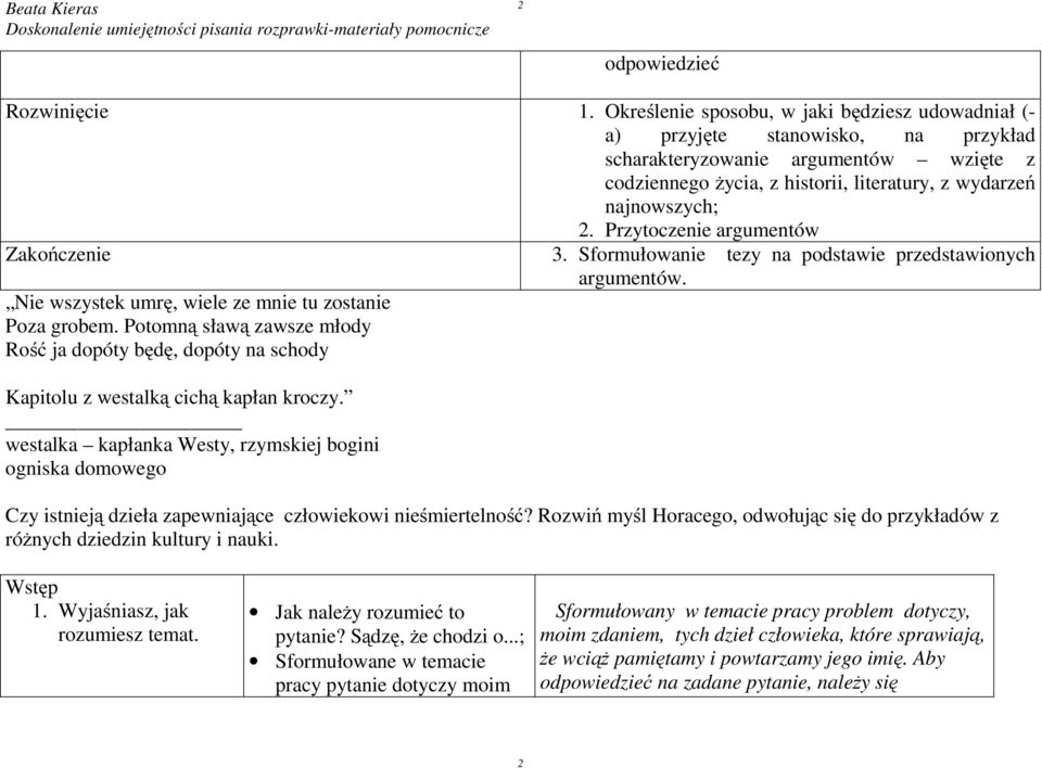 Przytoczenie argumentów Zakończenie Nie wszystek umrę, wiele ze mnie tu zostanie Poza grobem. Potomną sławą zawsze młody Rość ja dopóty będę, dopóty na schody Kapitolu z westalką cichą kapłan kroczy.