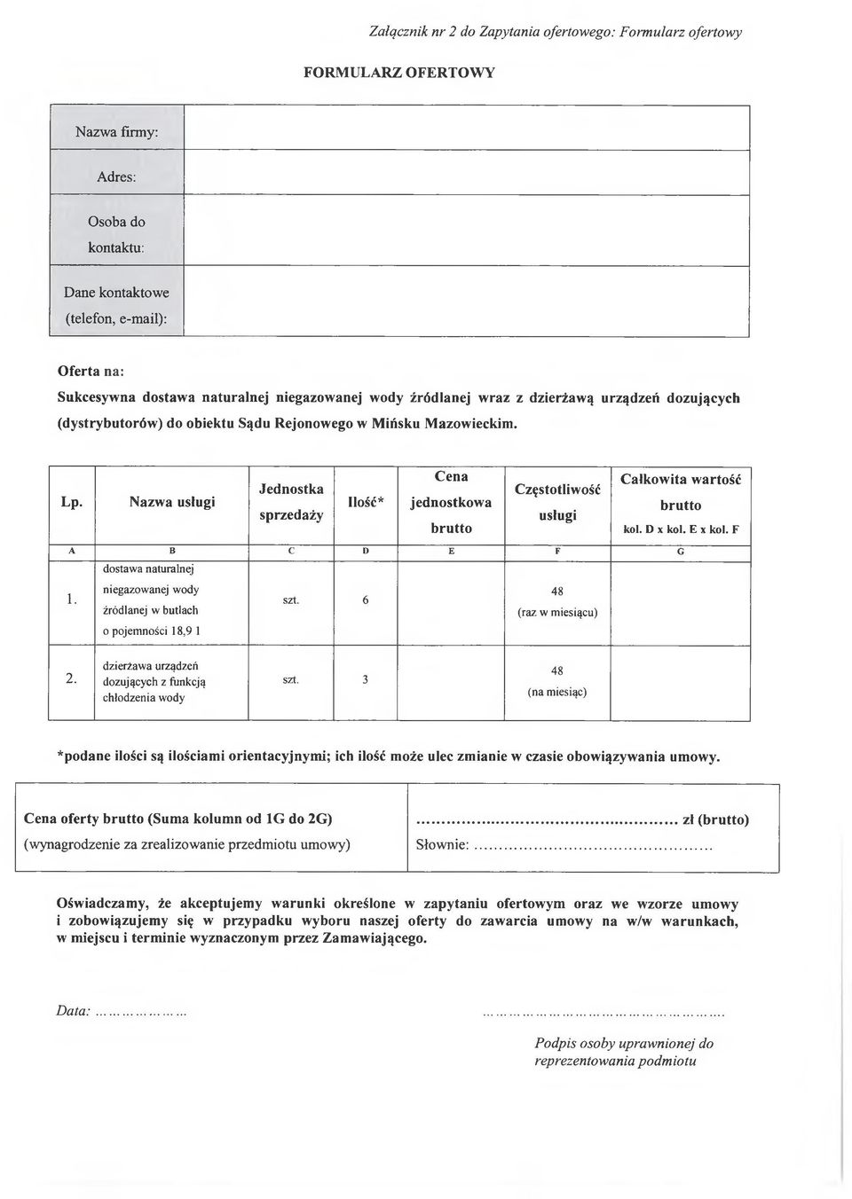 Nazwa usługi Jednostka sprzedaży Ilość* Cena jednostkowa brutto Częstotliwość usługi Całkowita wartość brutto kol. D x kol. E x kol. F A B c D E F G dostawa naturalnej 1.