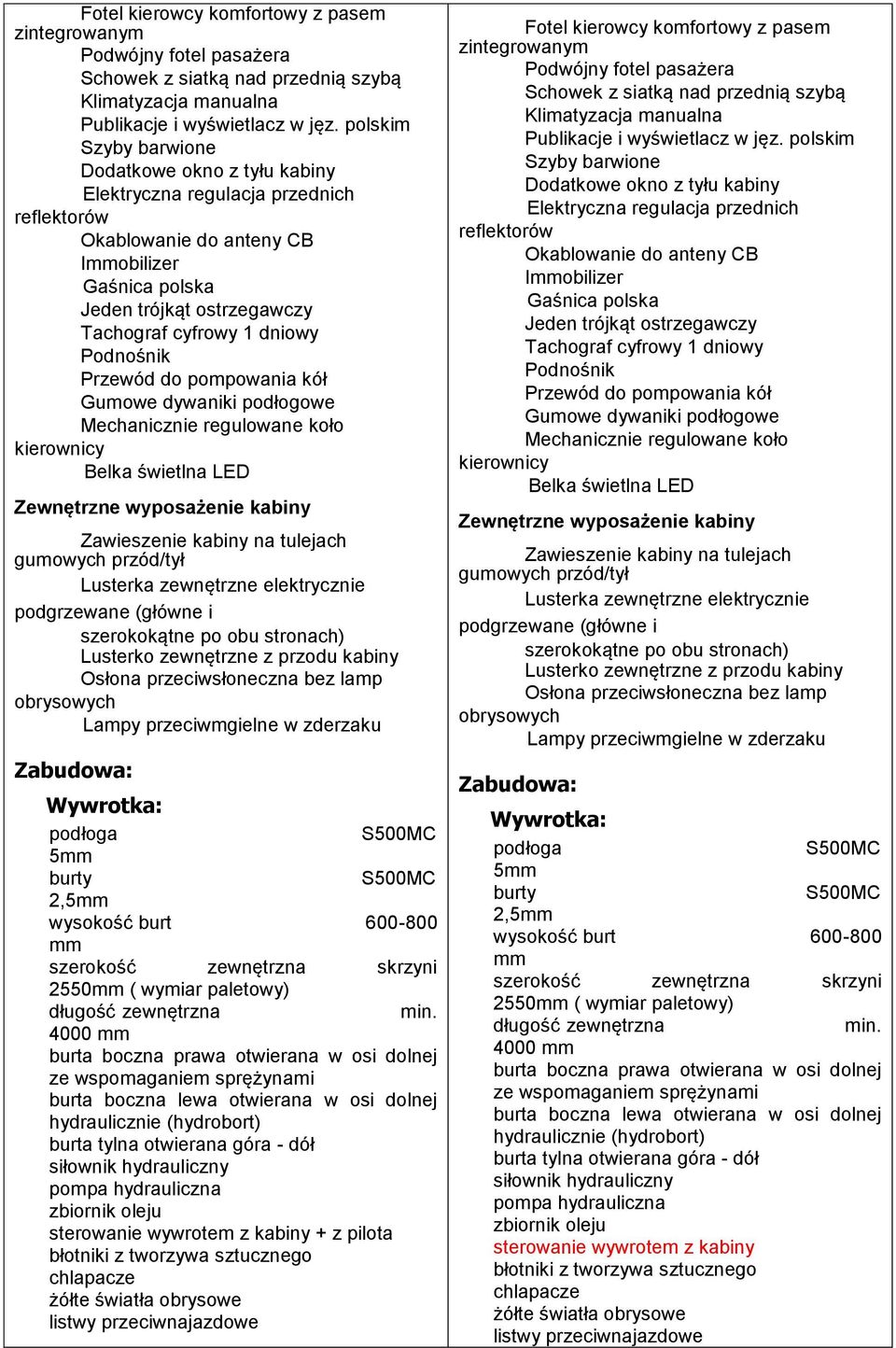 dniowy Podnośnik Przewód do pompowania kół Gumowe dywaniki podłogowe Mechanicznie regulowane koło kierownicy Belka świetlna LED Zewnętrzne wyposażenie kabiny Zawieszenie kabiny na tulejach gumowych