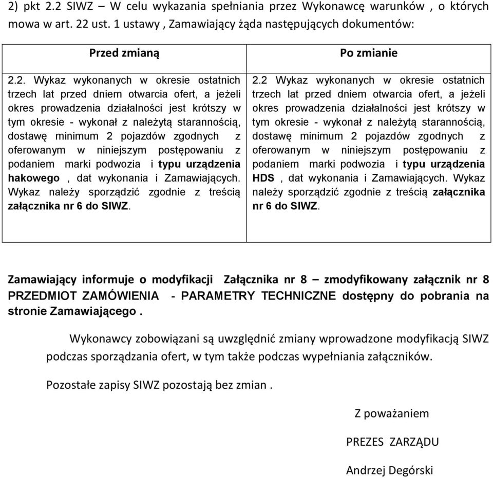 w niniejszym postępowaniu z podaniem marki podwozia i typu urządzenia hakowego, dat wykonania i Zamawiających. Wykaz należy sporządzić zgodnie z treścią załącznika nr 6 do SIWZ. Po zmianie 2.