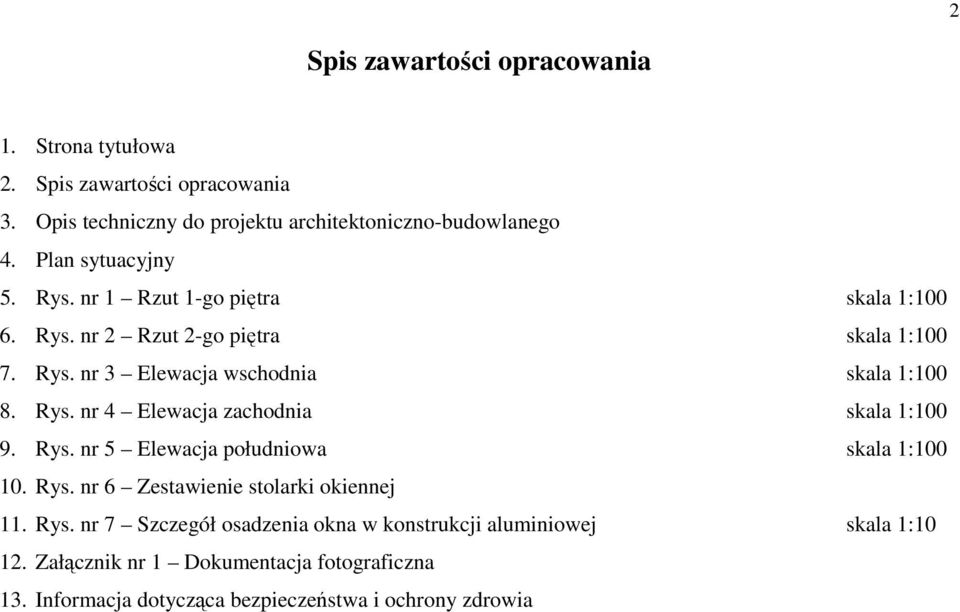 Rys. nr 4 Elewacja zachodnia skala 1:100 9. Rys. nr 5 Elewacja południowa skala 1:100 10. Rys. nr 6 Zestawienie stolarki okiennej 11. Rys. nr 7 Szczegół osadzenia okna w konstrukcji aluminiowej skala 1:10 12.