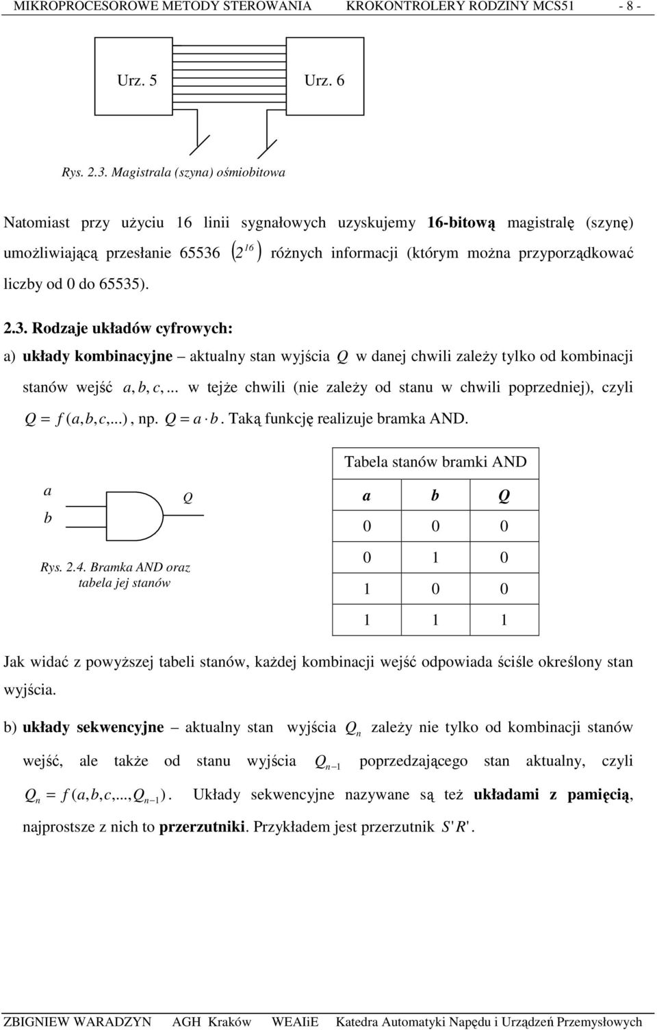 przyporządkować liczby od 0 do 65535). 2.3. Rodzaje układów cyfrowych: a) układy kombinacyjne aktualny stan wyjścia Q w danej chwili zaleŝy tylko od kombinacji stanów wejść a, b, c,.