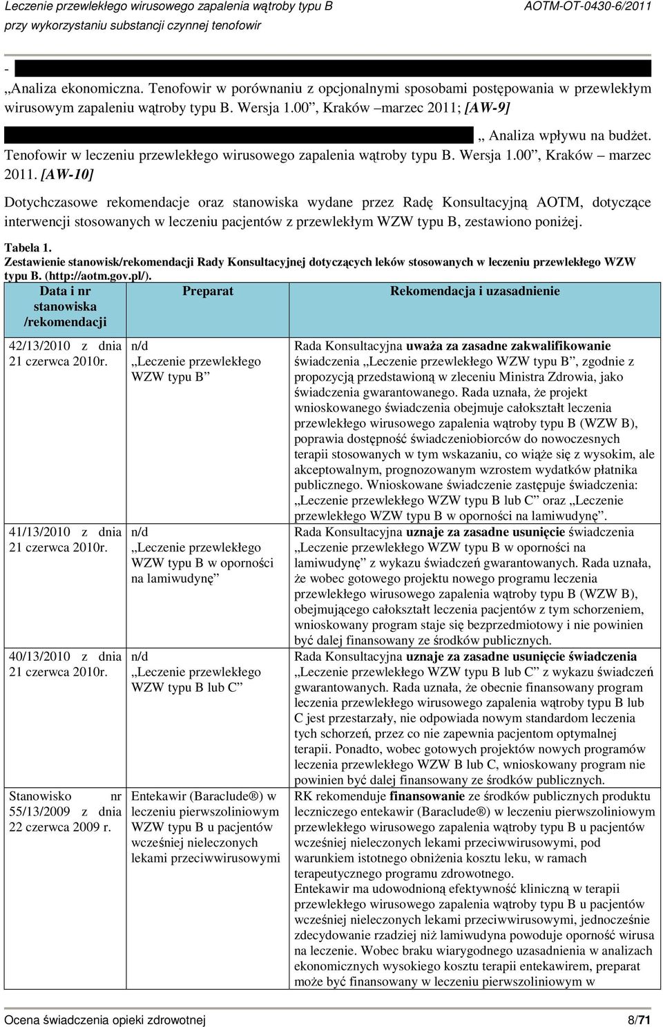 [AW-10] Dotychczasowe rekomendacje oraz stanowiska wydane przez Radę Konsultacyjną AOTM, dotyczące interwencji stosowanych w leczeniu pacjentów z przewlekłym WZW typu B, zestawiono poniŝej. Tabela 1.