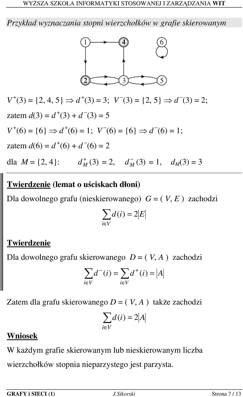 ) zchodzi M d( i) = E Twierdzenie Dl dowolnego grfu skierownego D = ( V, A ) zchodzi d ( i) = d ( i) = A Ztem dl grfu skierownego D = ( V, A ) tkże