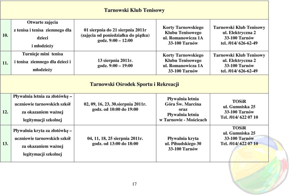 Turnieje mini tenisa i tenisa ziemnego dla dzieci i młodzieŝy 13 sierpnia 2011r. godz. 9:00 19:00 Korty Tarnowskiego Klubu Tenisowego ul. Romanowicza 1A Tarnowski Klub Tenisowy ul. Elektryczna 2 tel.